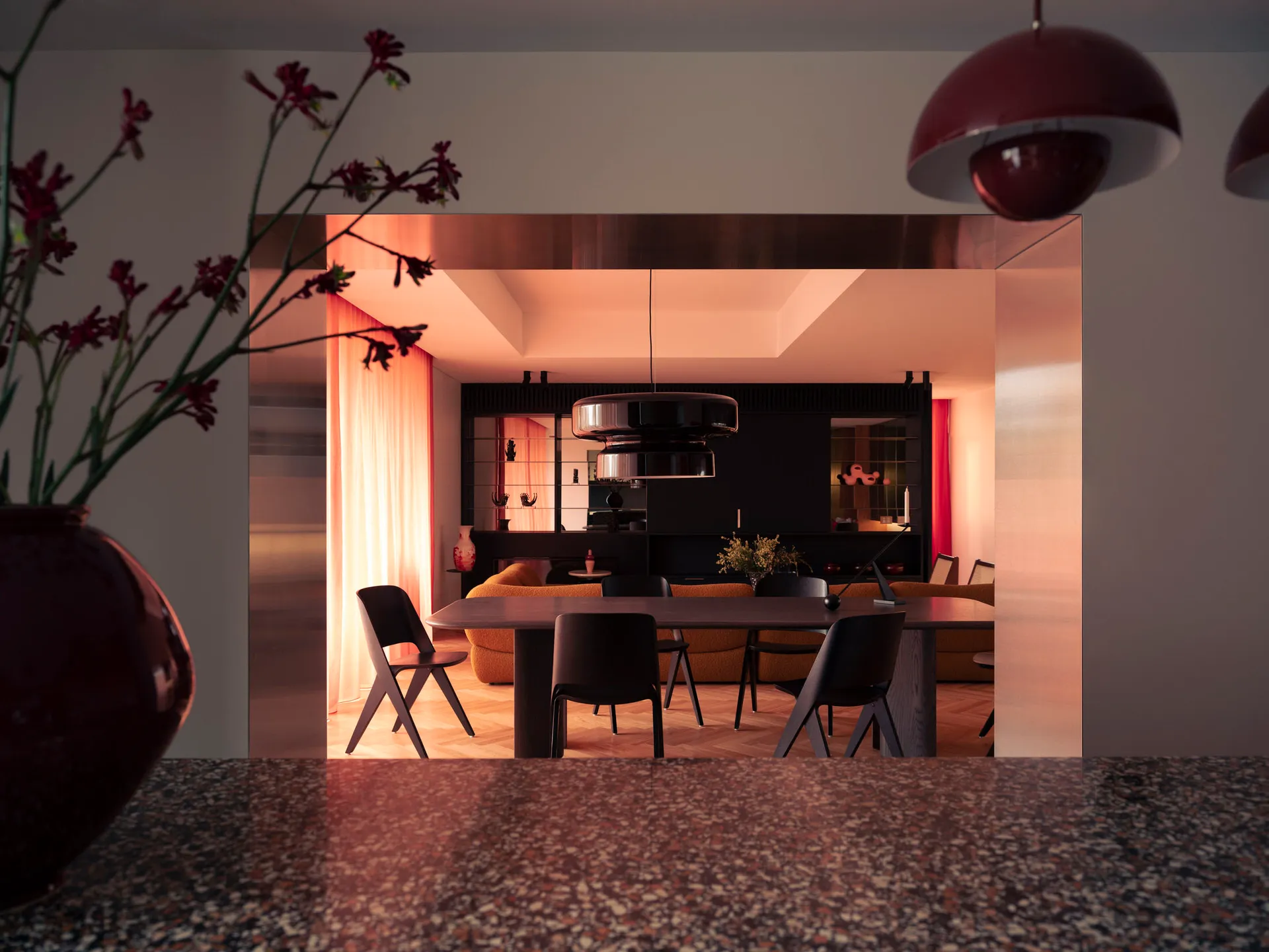Modern living room with terrazzo flooring and minimalist design
