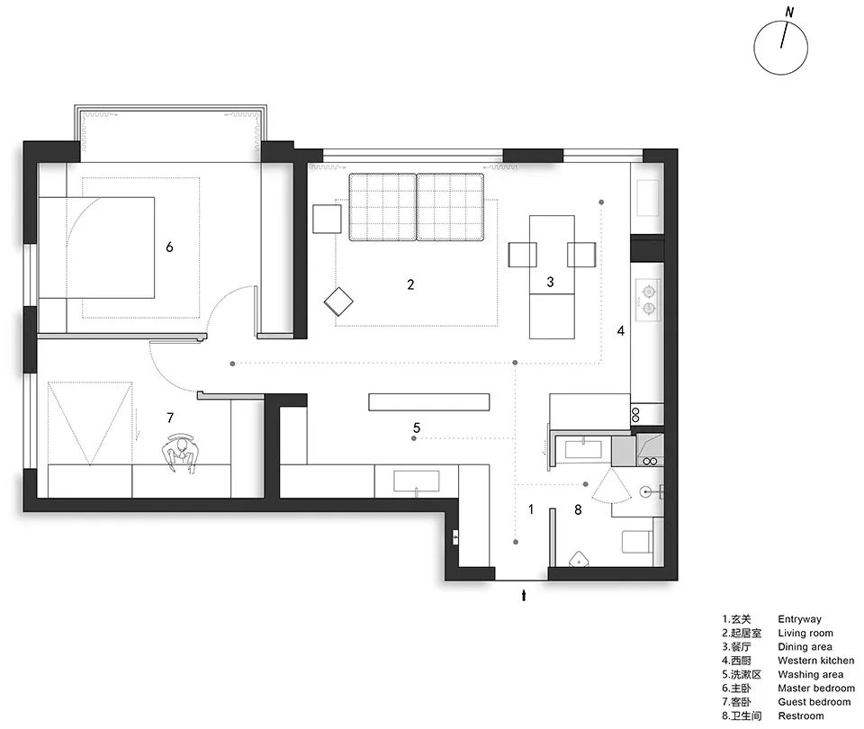 A black and white technical drawing of a modern residential floor plan, showing rooms and layout.
