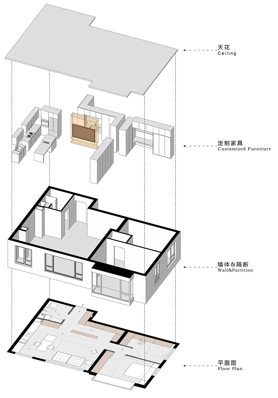 Detailed floor plan of a compact living space with customized furniture and wall partitions.