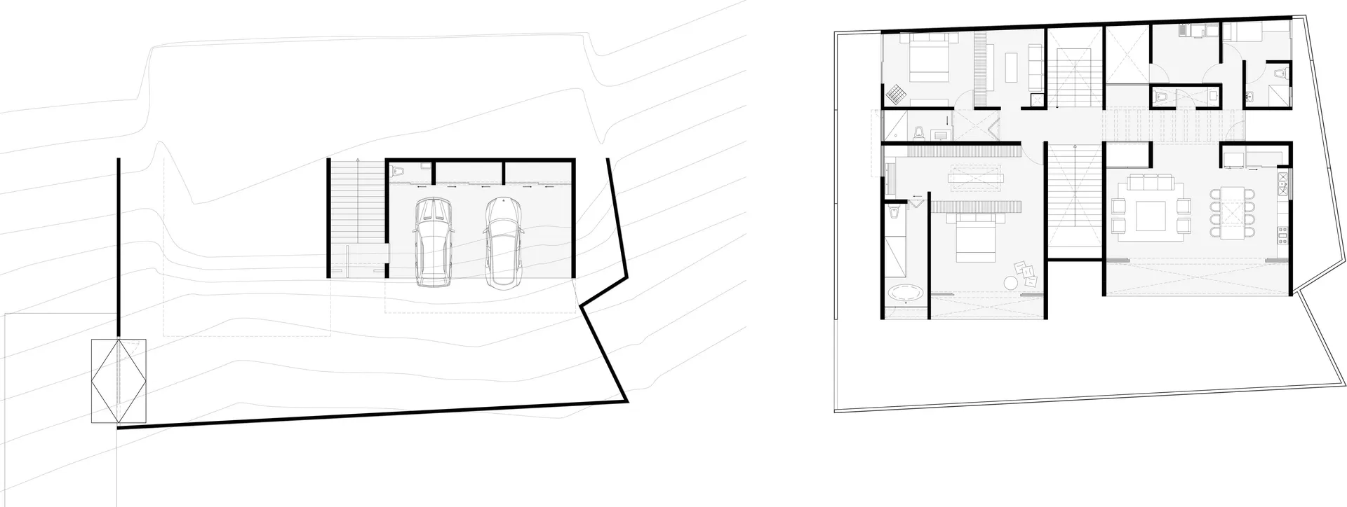 A detailed architectural floor plan of a modern residential building.