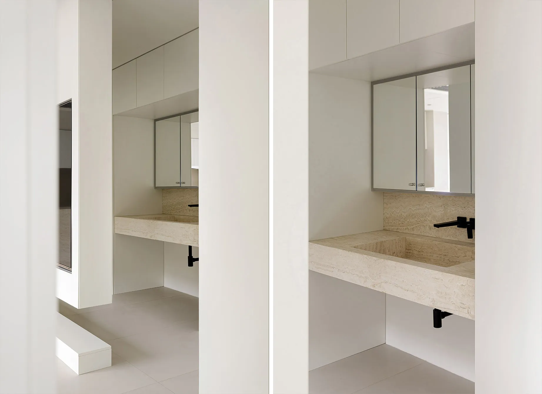 Modern minimalist bathroom featuring terrazzo countertops and porcelain tiles