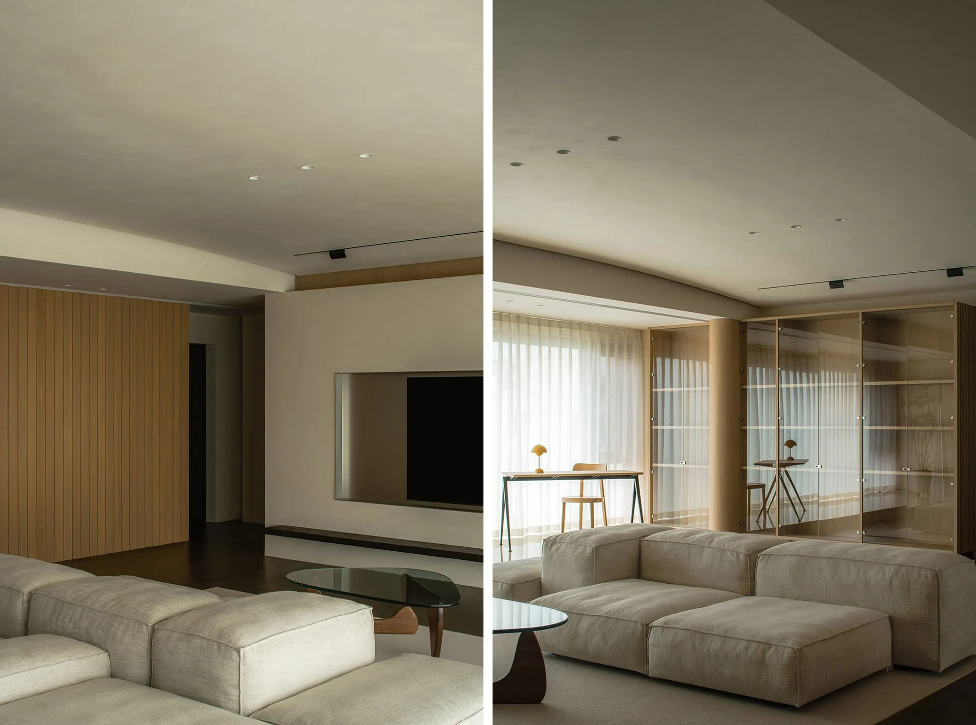 Modern living room with upholstered furniture, wooden accents, and glass elements