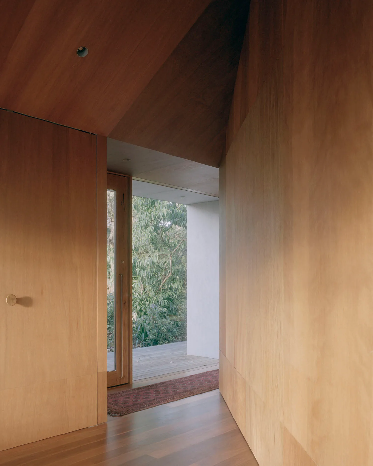 Modern entryway featuring wooden walls, flooring, and ceiling, with a view of a green outdoor area.
