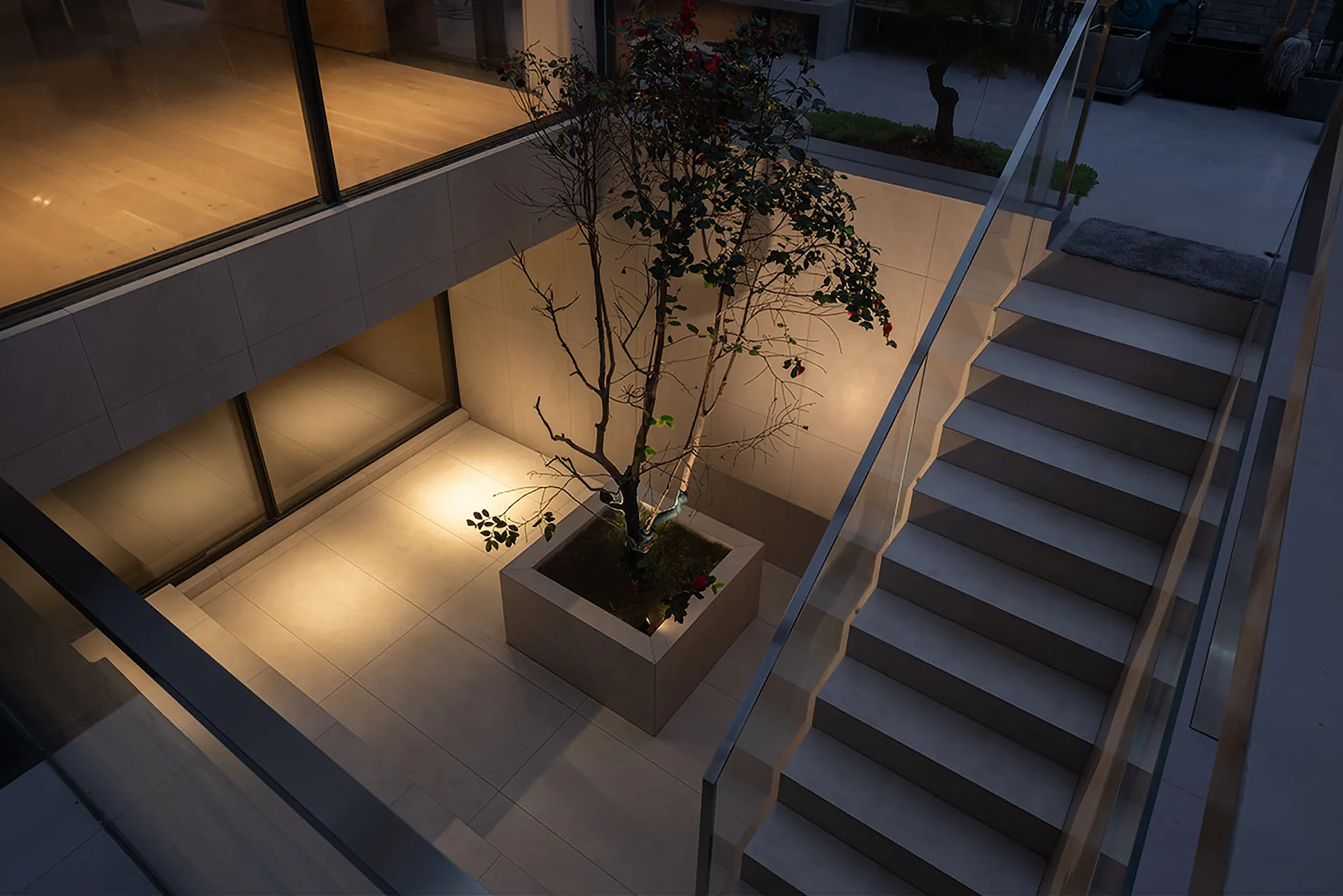 現代室內空間,設有單株樹木的混凝土花盆,周圍為瓷磚地板與樓梯。