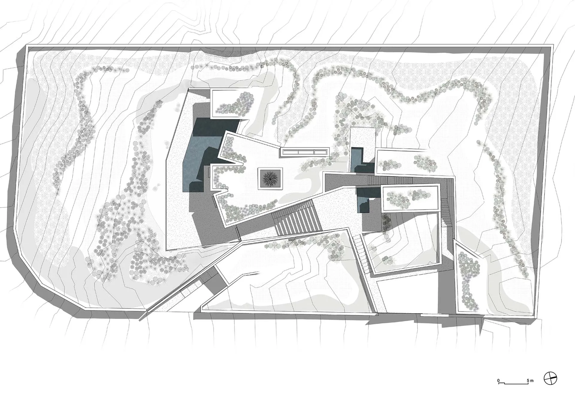 A modern house plan featuring concrete, glass, and steel materials.
