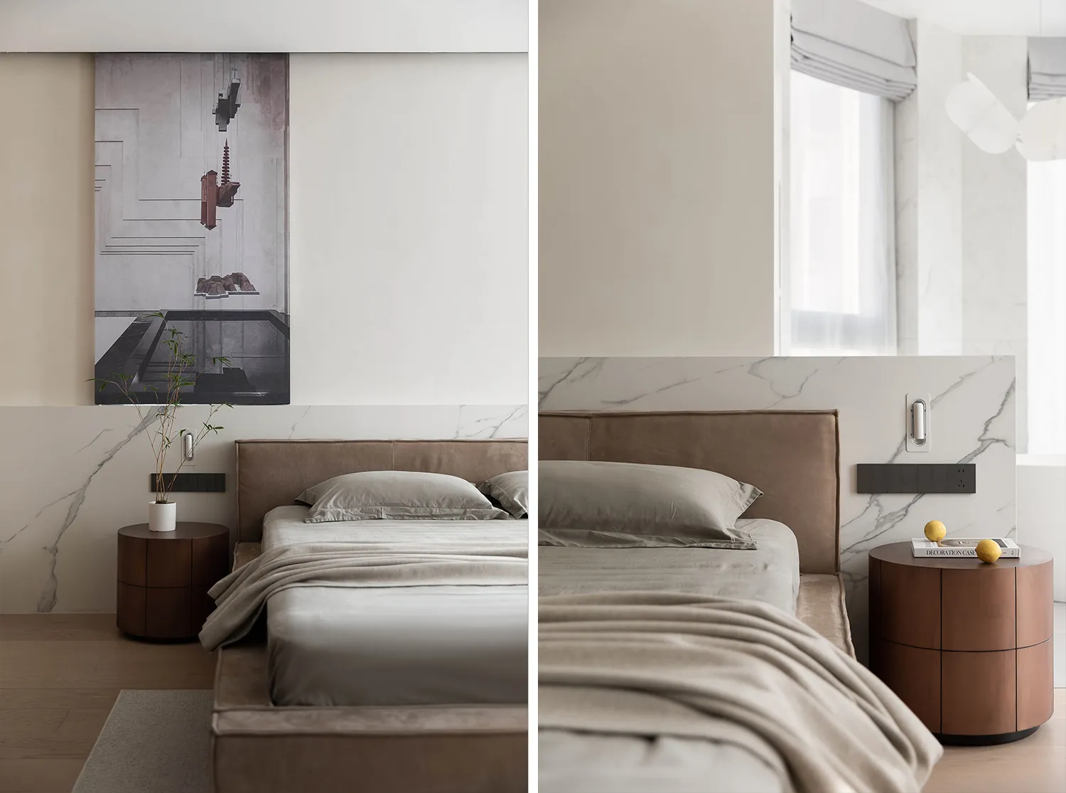 Modern bedroom featuring a luxurious marble headboard and bed with a minimalist design.