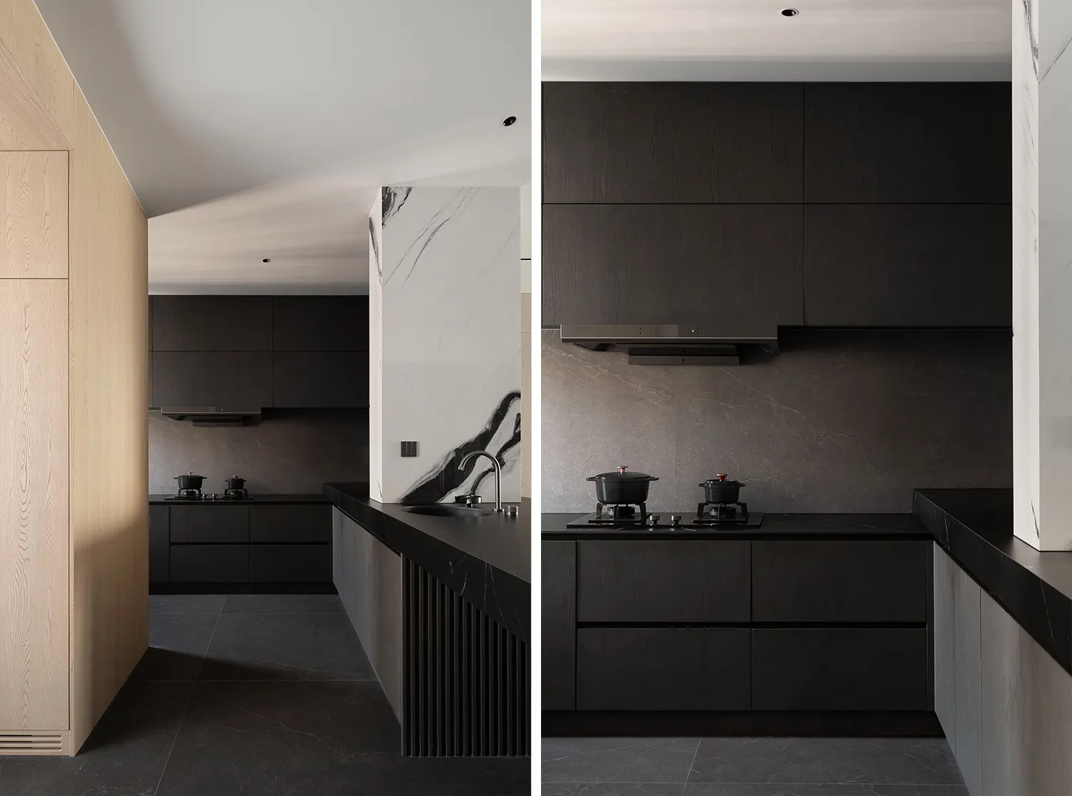 Modern kitchen featuring black marble countertops and wooden cabinets.