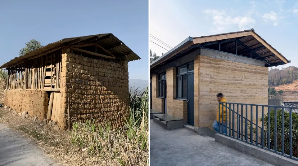 翻新後的建築外牆採用混凝土與稻草材質,搭配現代屋頂結構,並設有門的入口。