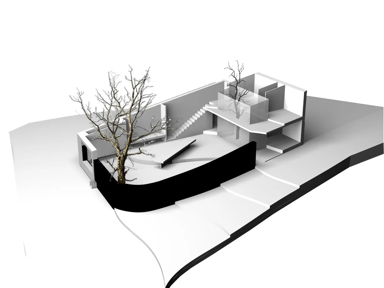 3D rendering of a modern architectural floor plan featuring concrete materials.