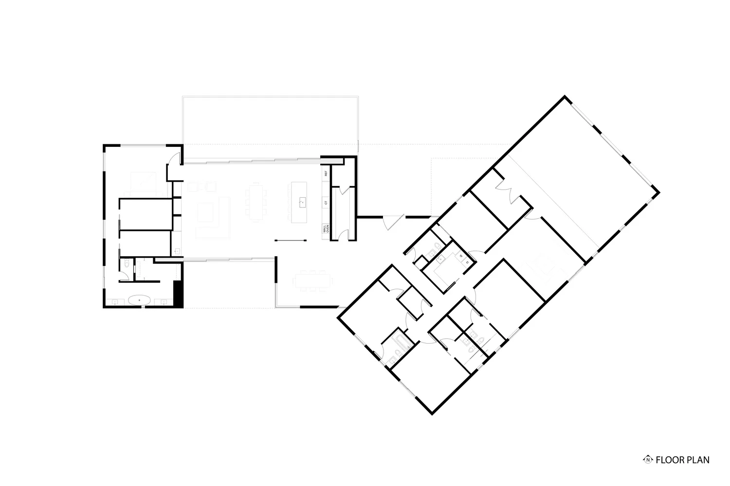 Floor plan of a modern minimalist residential layout with open-concept living spaces and functional zones.
