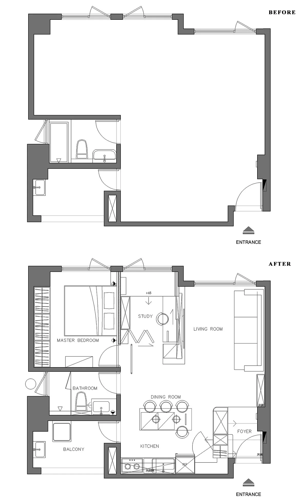 Comparison of architectural floor plans before and after renovation.