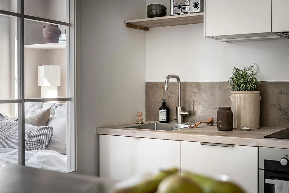 A modern, minimalist kitchen with a concrete countertop, a stainless steel sink, and a white cabinet, featuring a small green