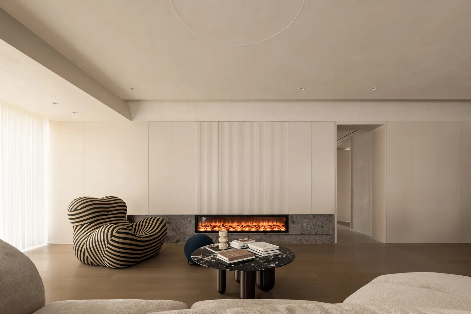 Minimalist living room with concrete fireplace andGuided meditation, deep relaxation, stress reduction, mental peace