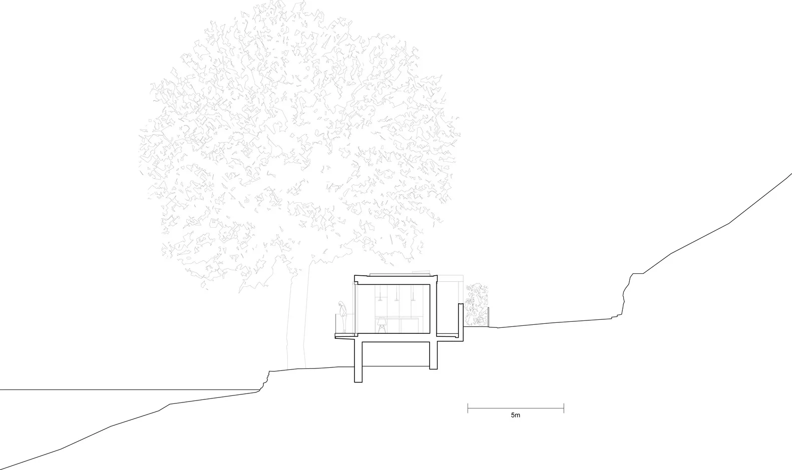 A minimalist sustainable house plan showing a cutaway view of a living space with a tree and hillside background.