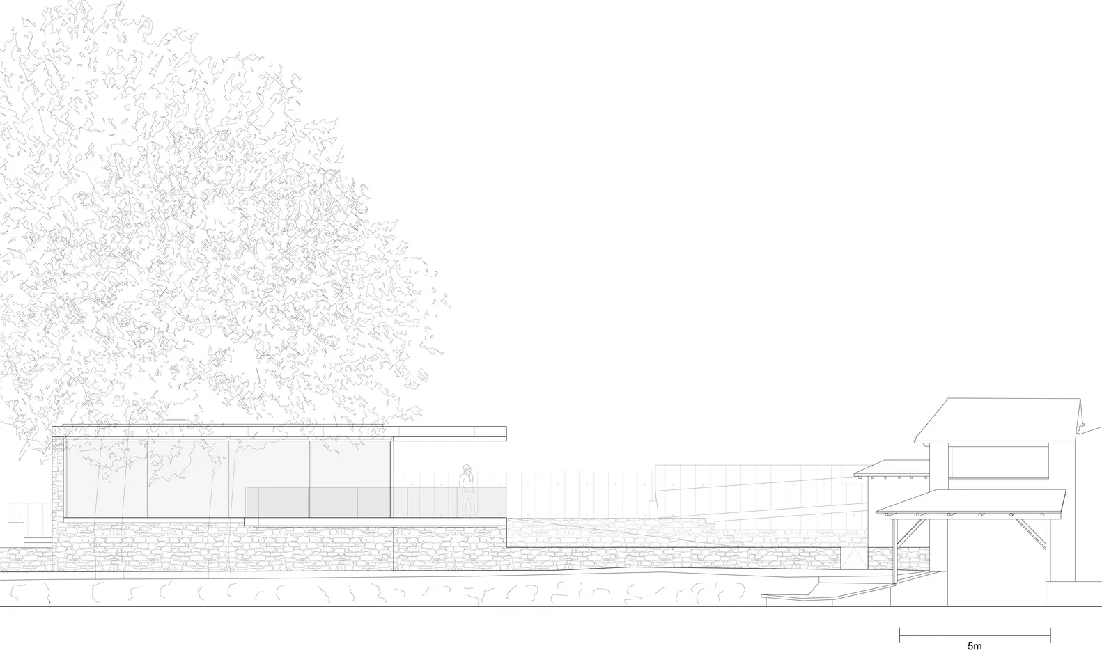 Simplified architectural drawing of a modern building exterior with stone, concrete, and glass materials.