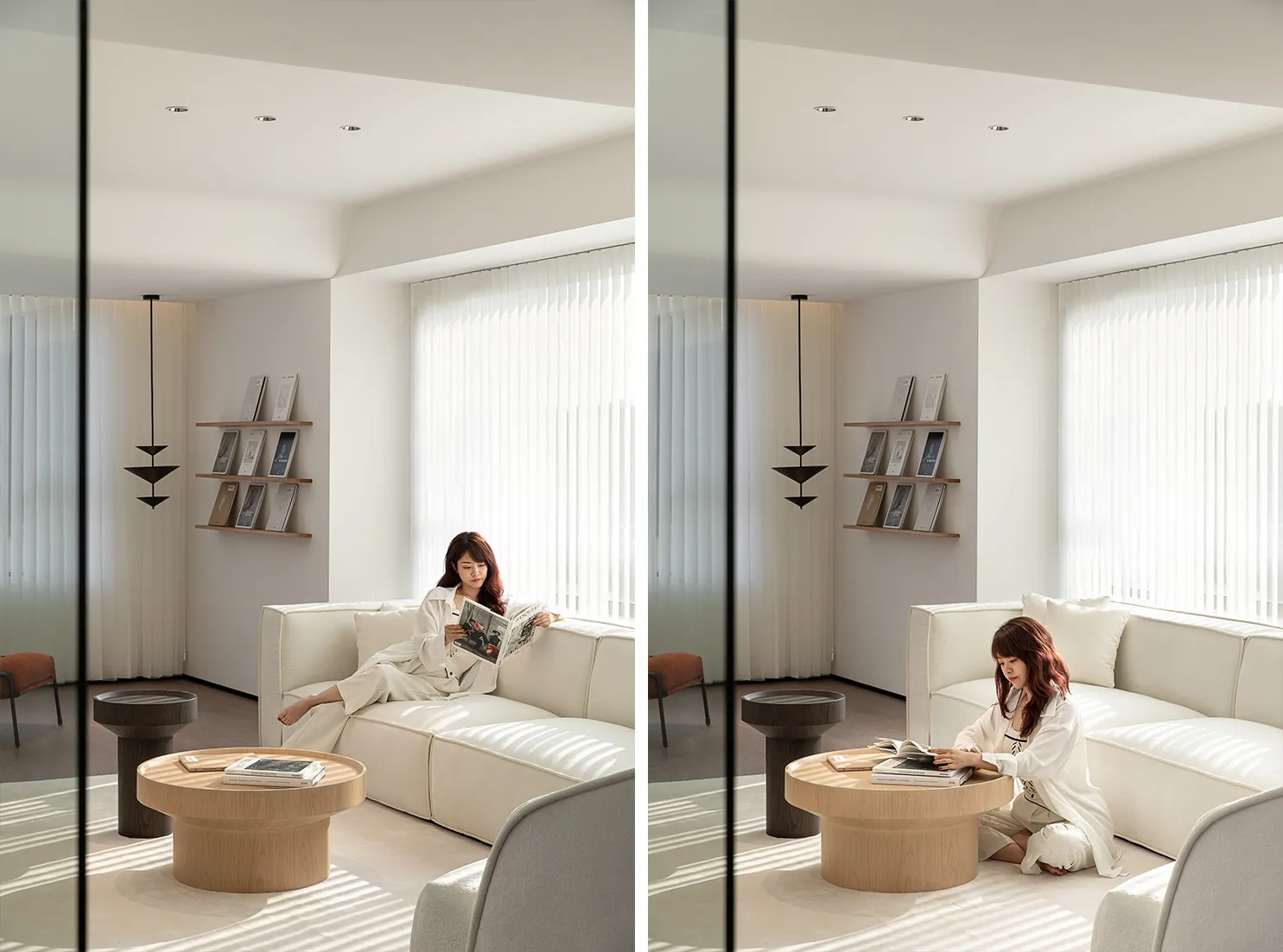 A minimalist living room with white furniture, wooden coffee table, and shelves with books.