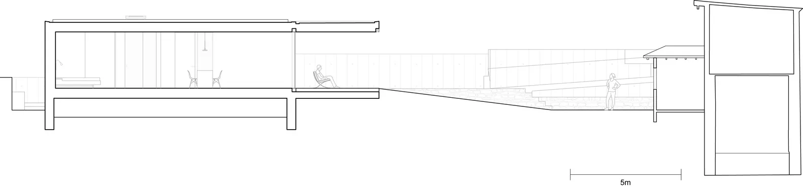Modern office space with wood, glass, and metal materials, 5 meters in length.