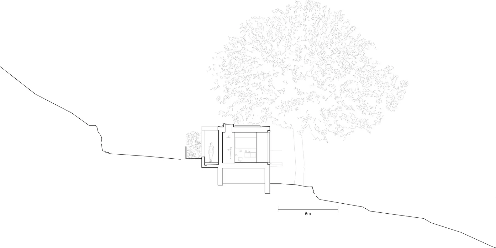 A bird's eye view of a modern residential home with a focus on its exterior and interior layout, showcasing clean lines and a