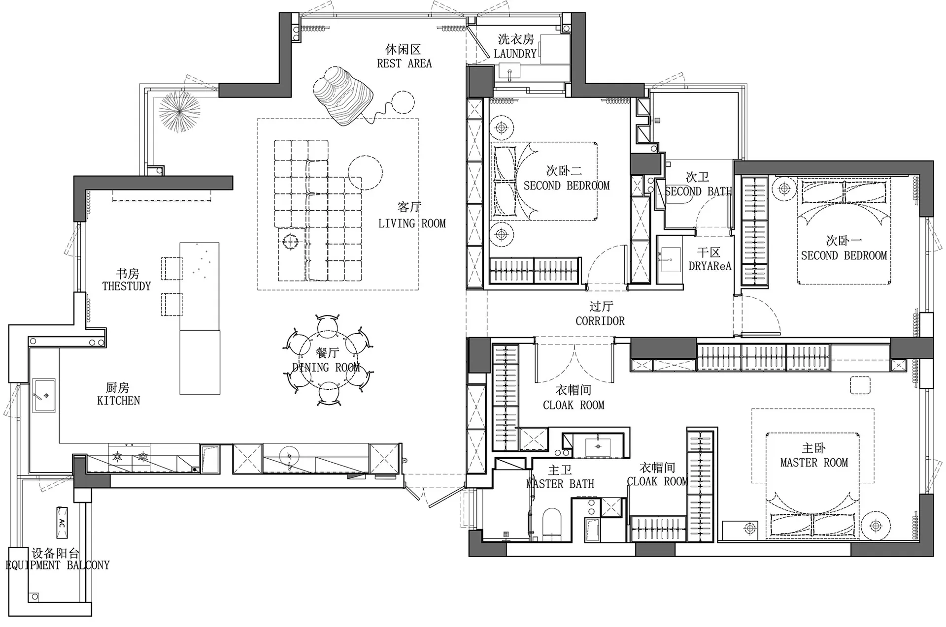 Floor plan of a modern living space with neutral-colored materials.