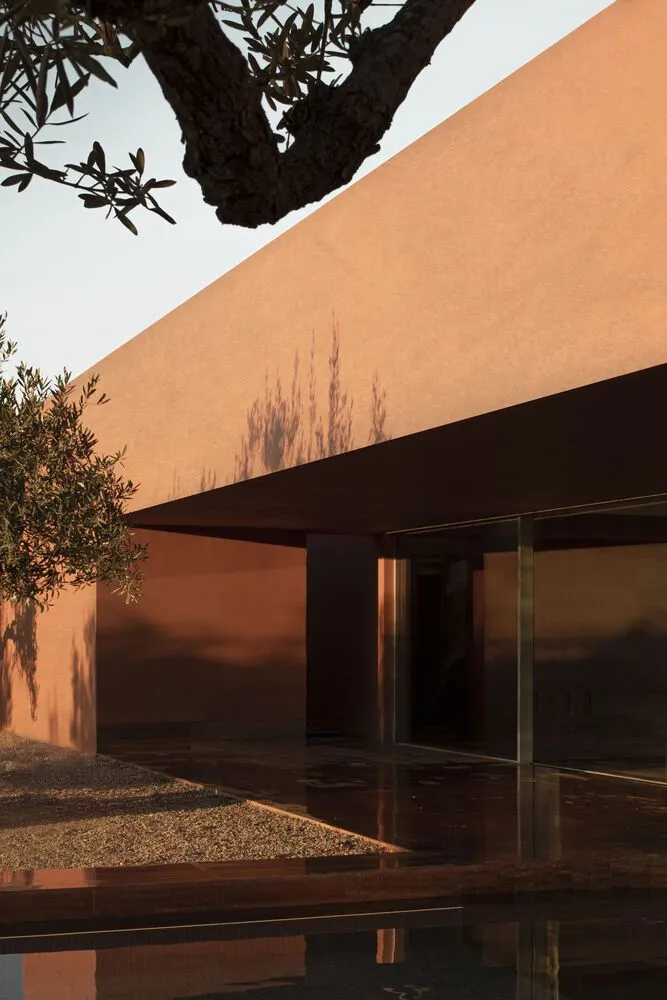 Modern exterior view of a house with red terrazzo and olive tree shadows on the wall.