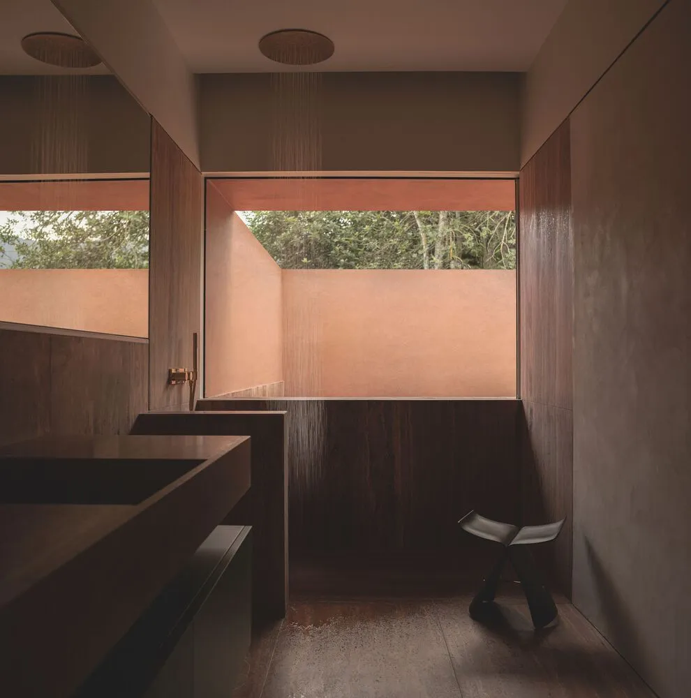 A minimalist bathroom with wood walls and features.