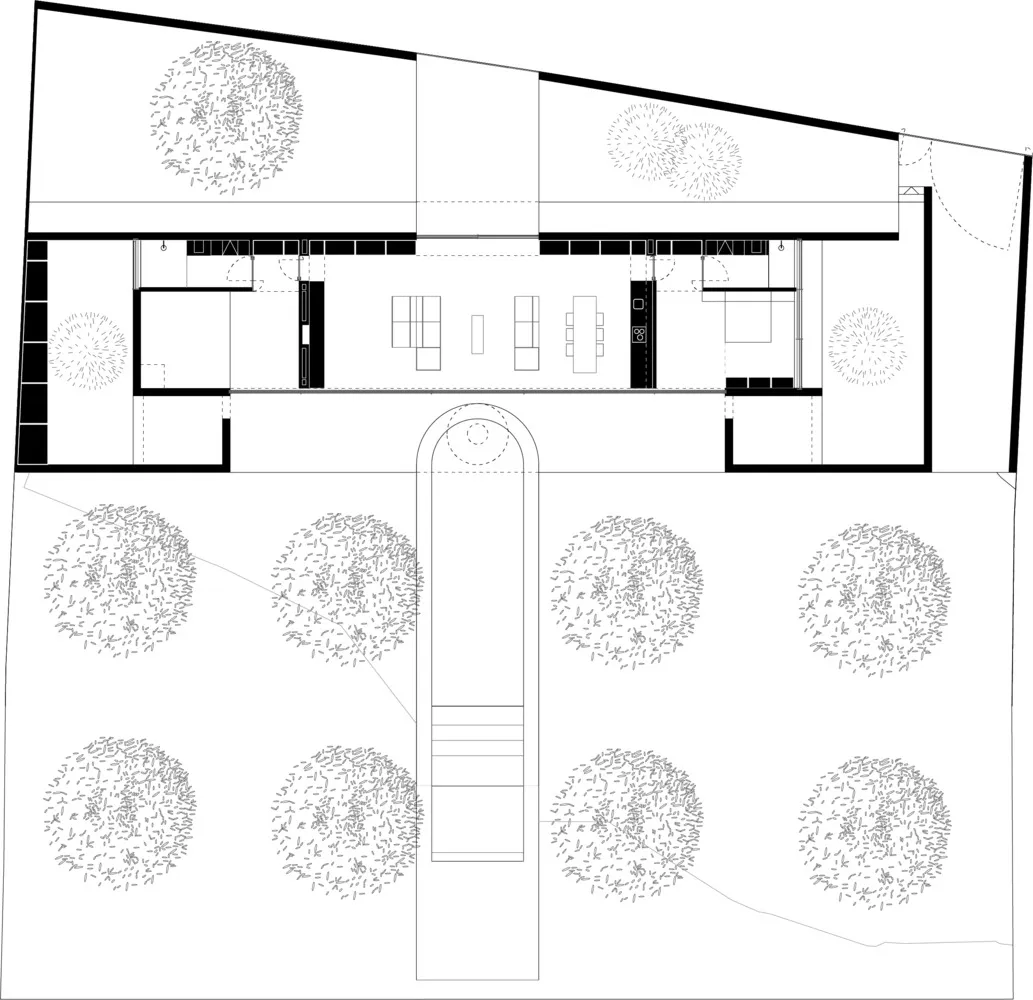 現代客廳平面圖,採用混凝土與木質材料,呈現極簡設計。