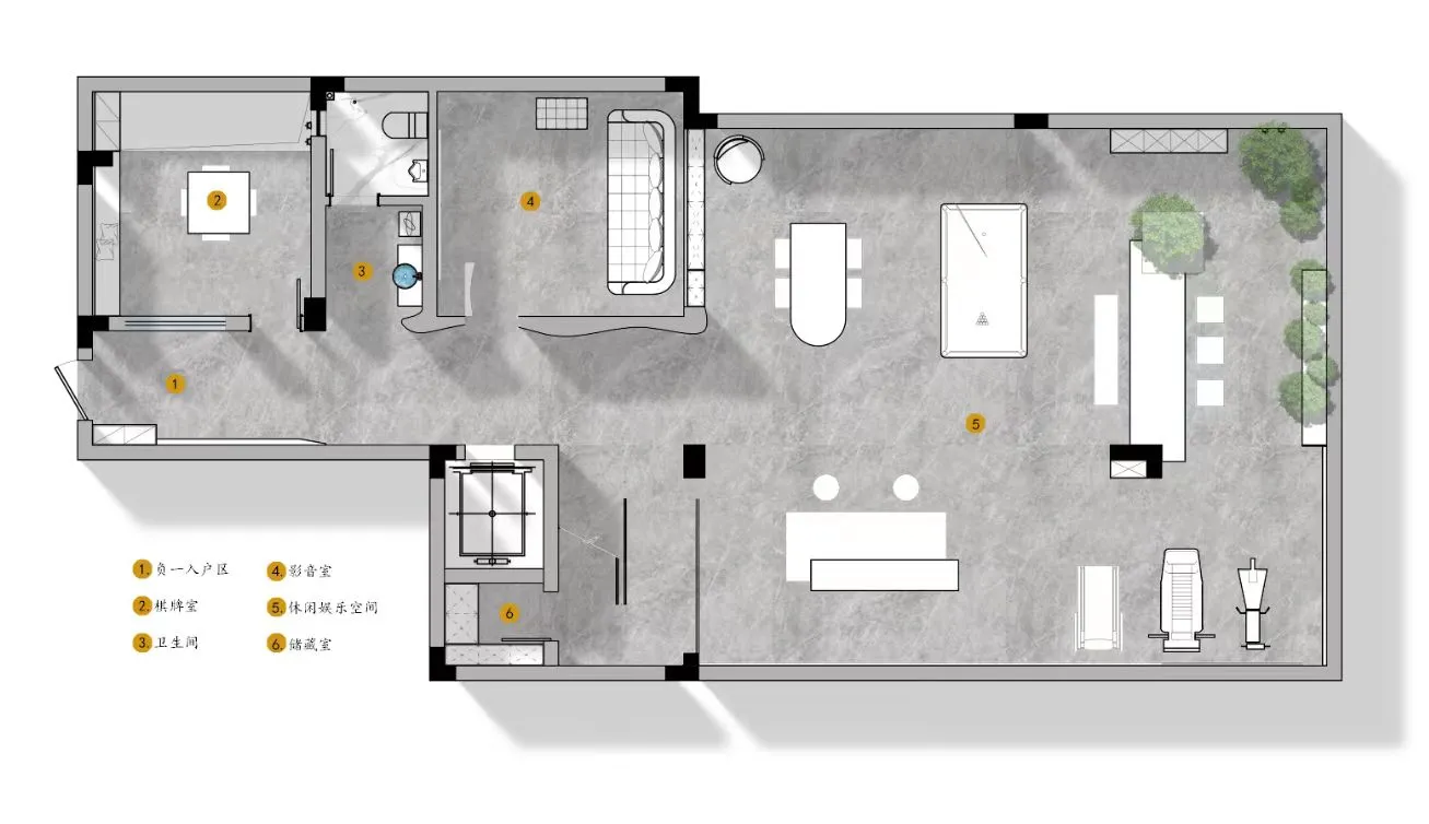 Floor plan of a modern residential space showcasing contemporary architecture elements.