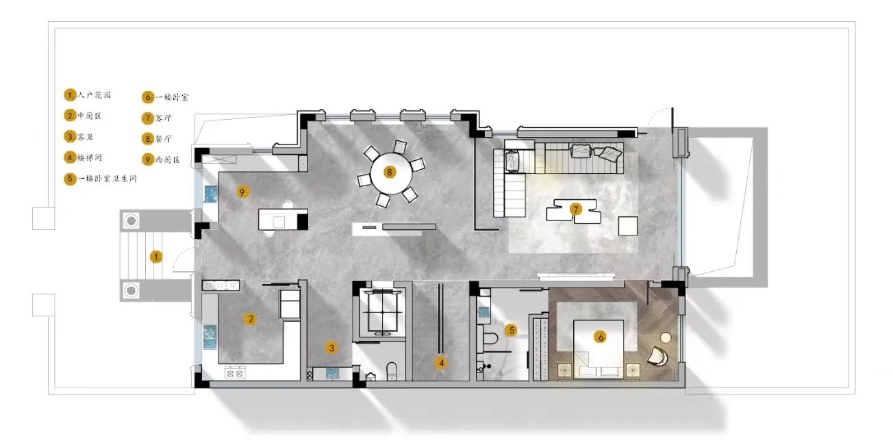 Floor plan showing a modern residential space with concrete tiles, featuring a dining area, living room, bedrooms, and bathro