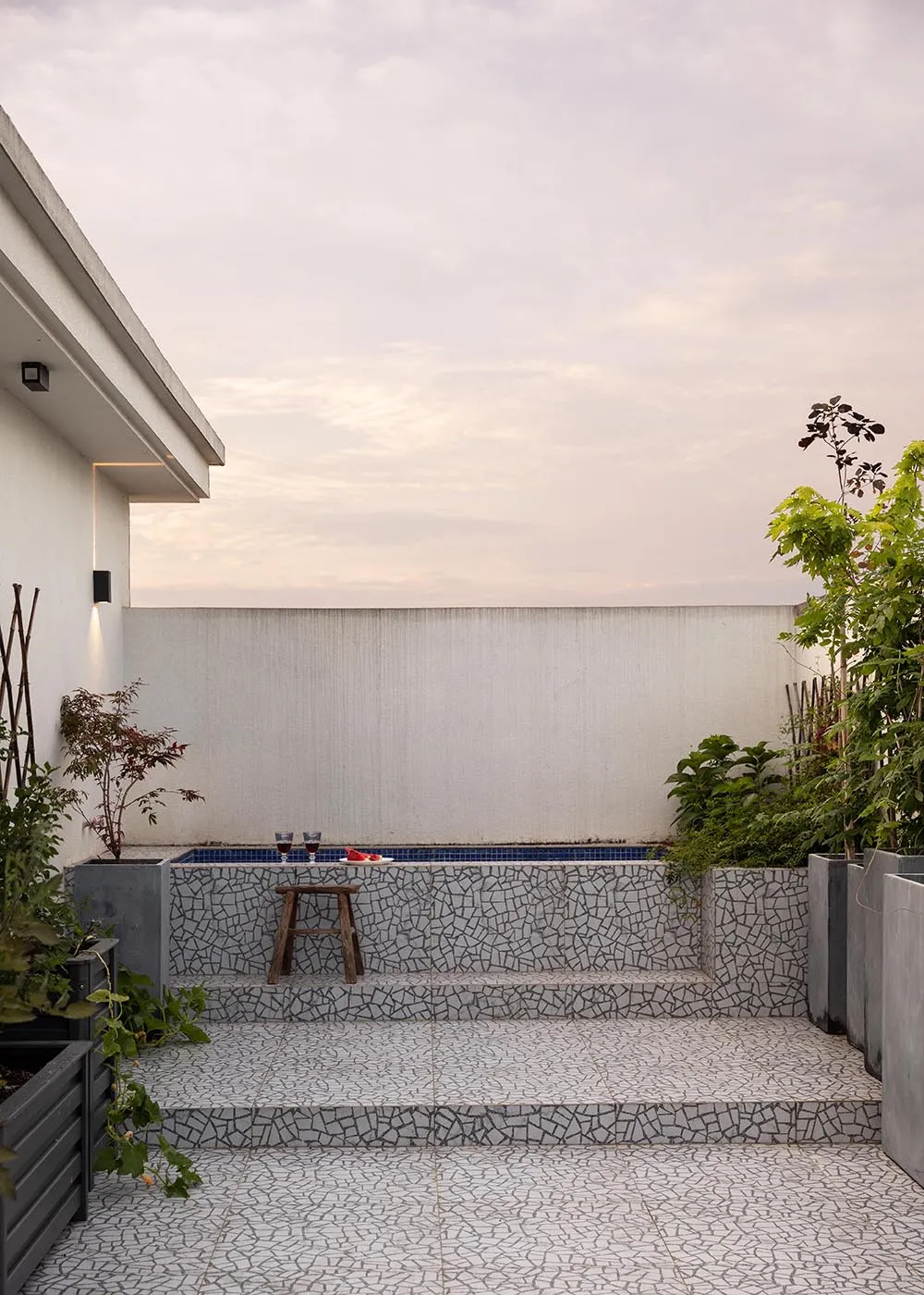 Modern outdoor living area with concrete deck, plants, and a small pool.
