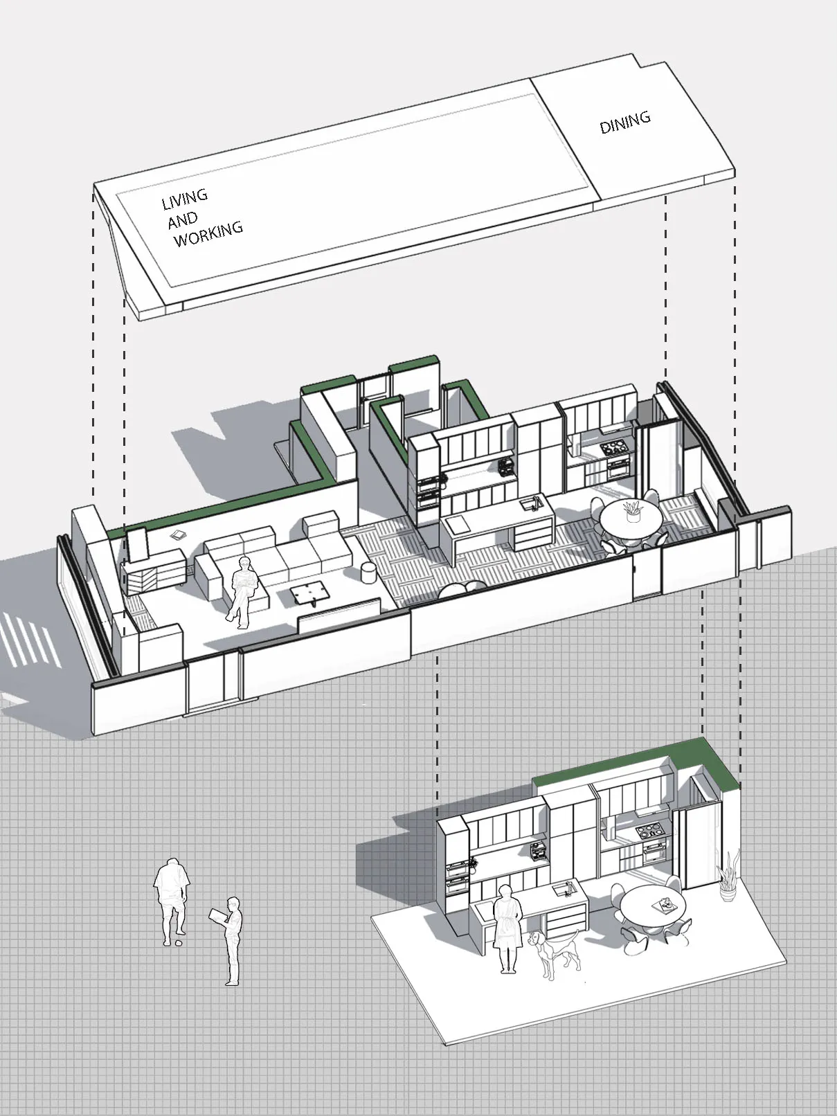 A modern floor plan featuring a combined kitchen and living area with contemporary design elements.