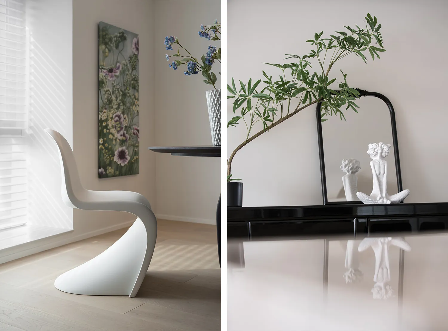 Modern home decor featuring a sleek, white plastic chair.