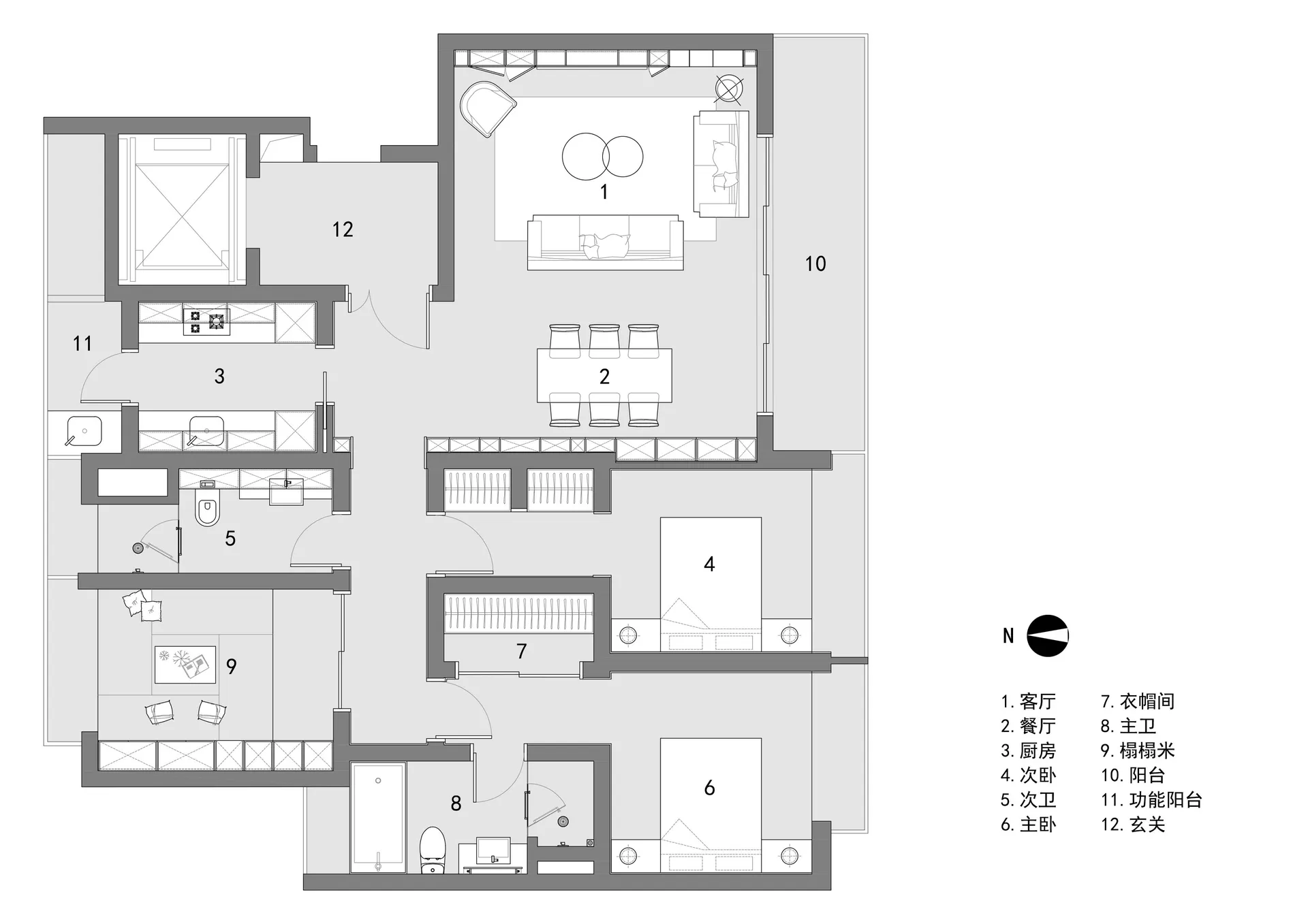 住宅室內2D建築圖,採用中性色材質並標註功能區域。