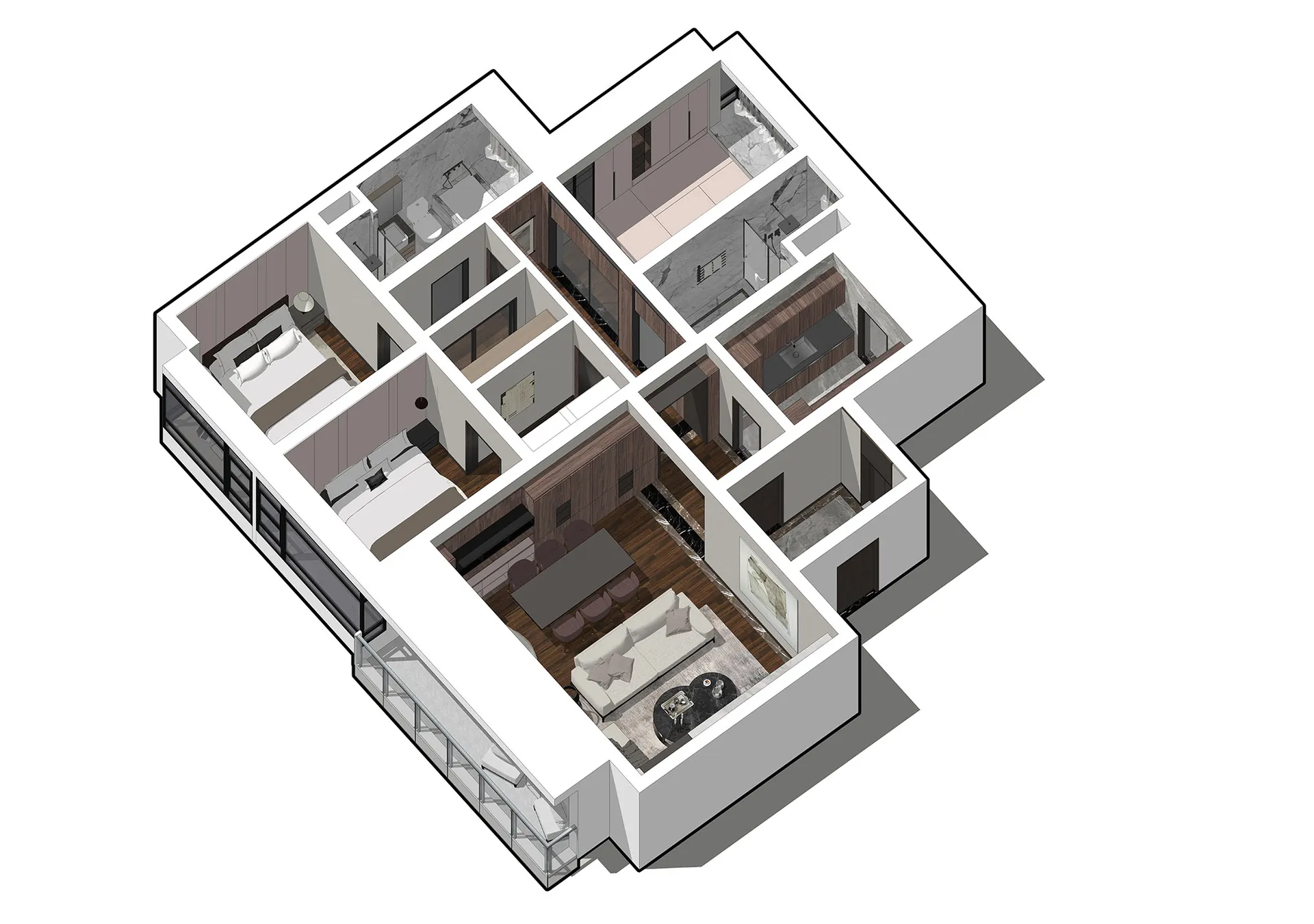 3D rendering of a modern residential floor plan featuring wood materials.