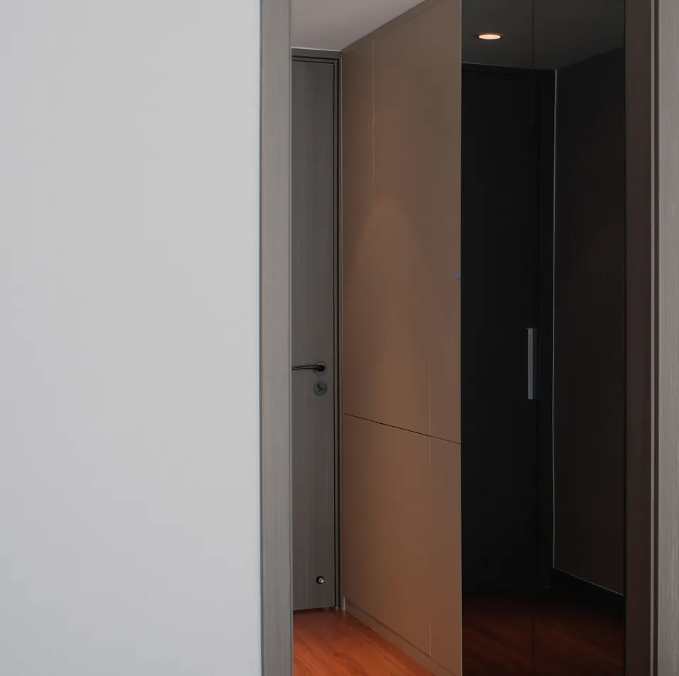 A modern minimalist interior with sleek lines and contemporary design elements.