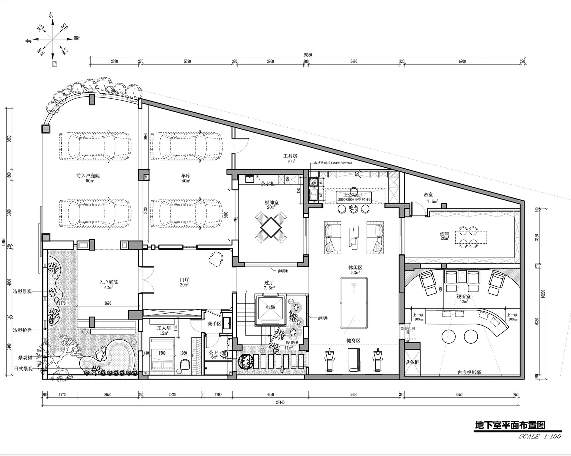 一張詳細的建築圖，展示現代住宅一樓的空間配置與房間布局。
