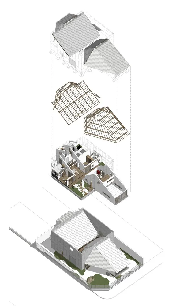 一張現代住宅建築平面圖,融合木質、玻璃與混凝土材質。