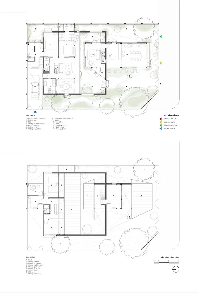 Floor plan of a modern residential house with multiple rooms and outdoor spaces.