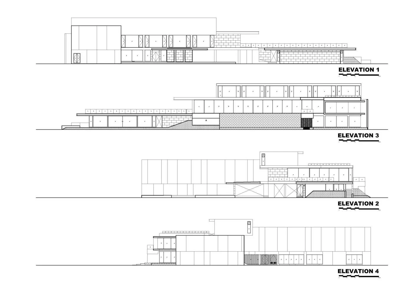 A series of architectural elevations depicting a modern floor plan with linear designs.