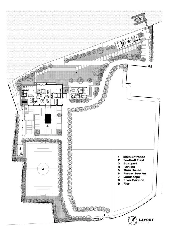 Floor plan of a modern public space with landscaping, a football field, and various functional areas.