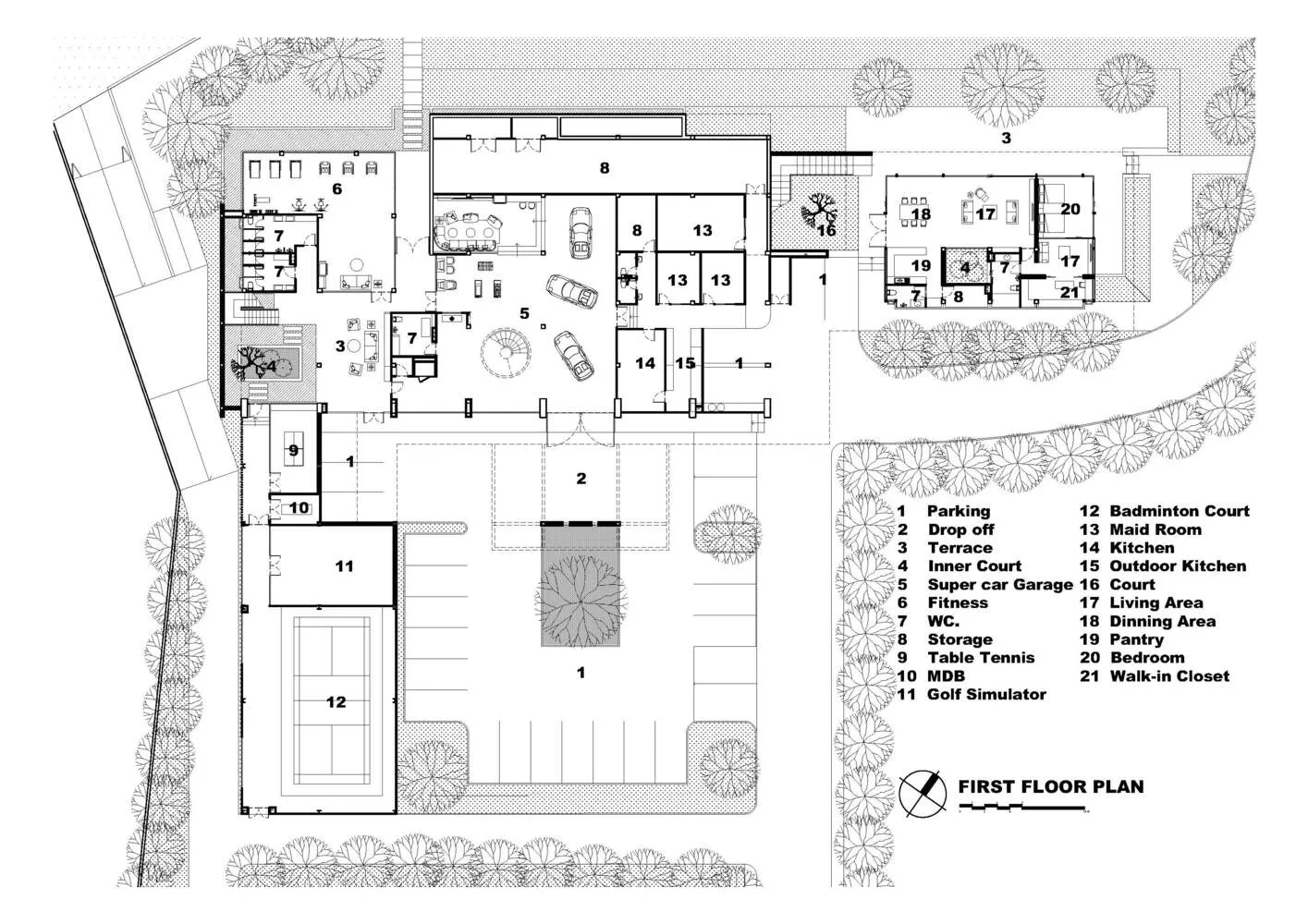 First floor plan of a modern residential building with various functional zones and features.
