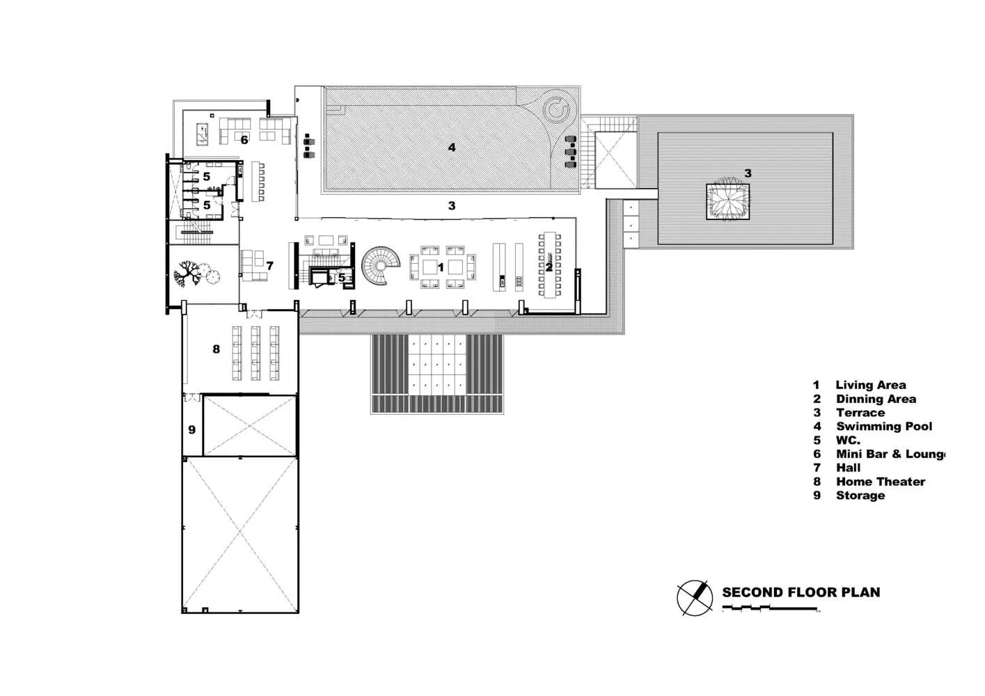 A modern residential interior design plan featuring a living area, dining area, terrace, swimming pool, and storage.