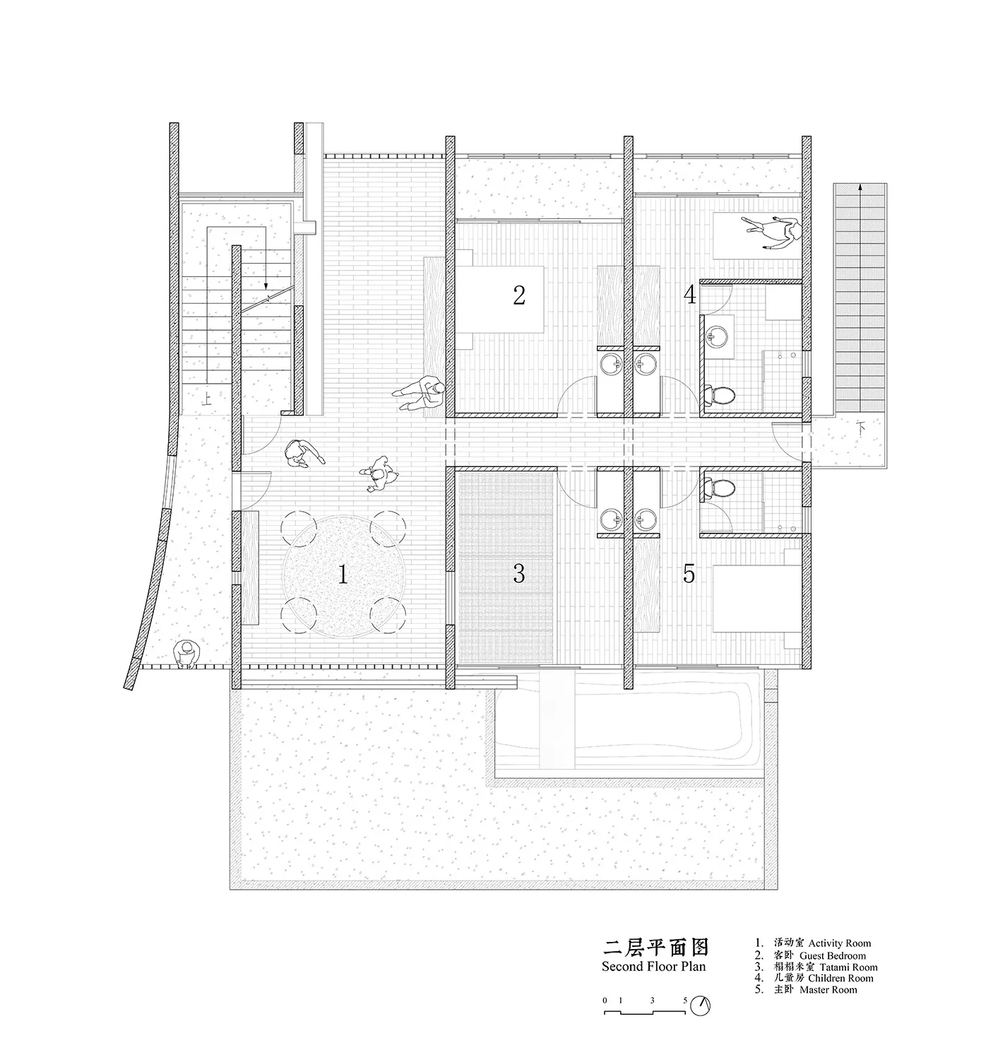 現代住宅二樓詳細平面圖,展示各房間與空間的配置。