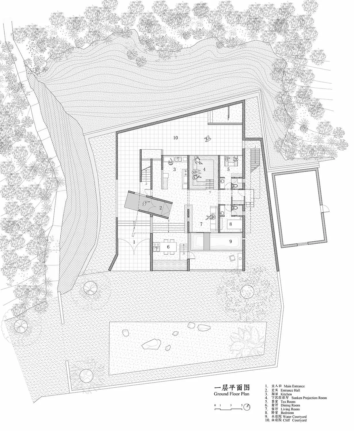 一張詳細的現代住宅一樓平面圖,採用混凝土與玻璃材質。