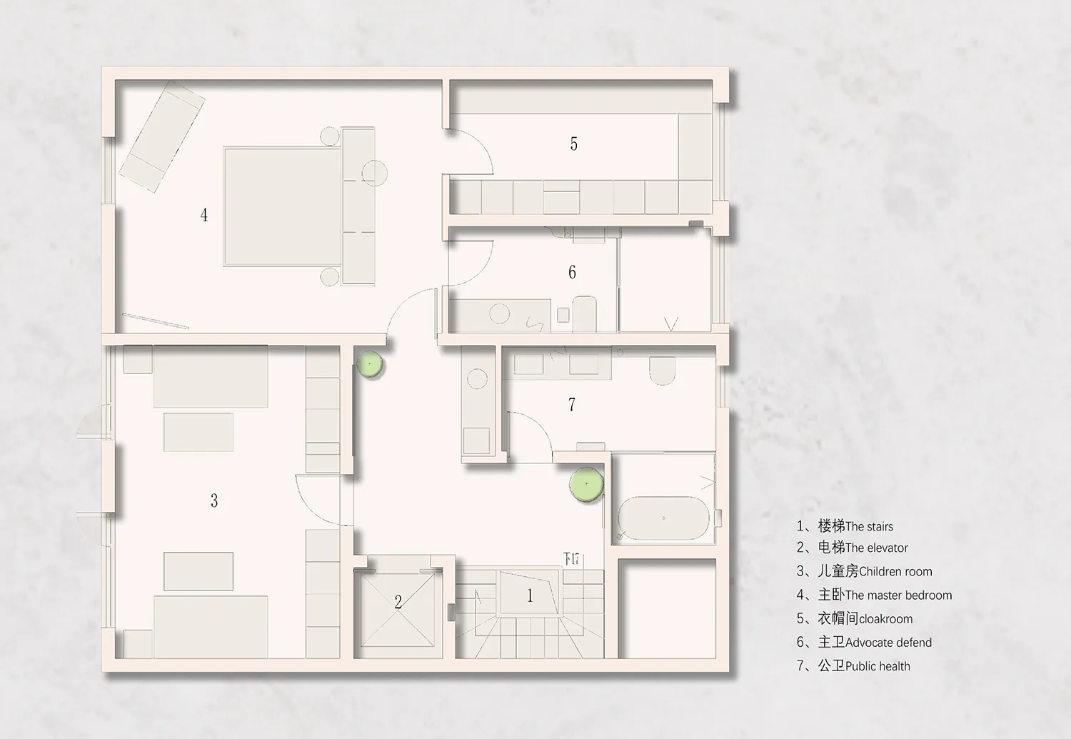 Floor plan of a modern apartment layout with rooms labeled
