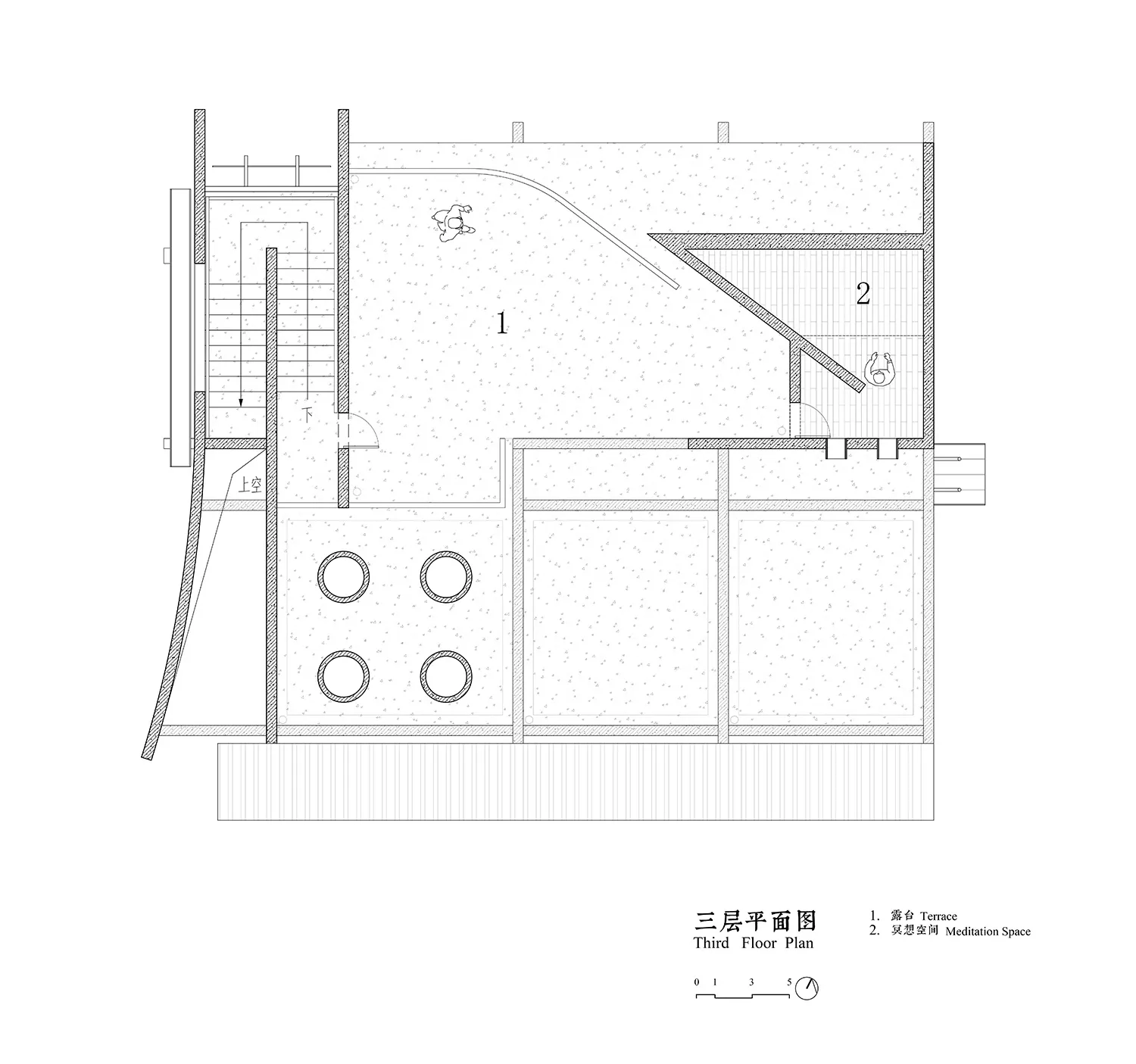 現代住宅空間的平面圖，展示木造結構細節。