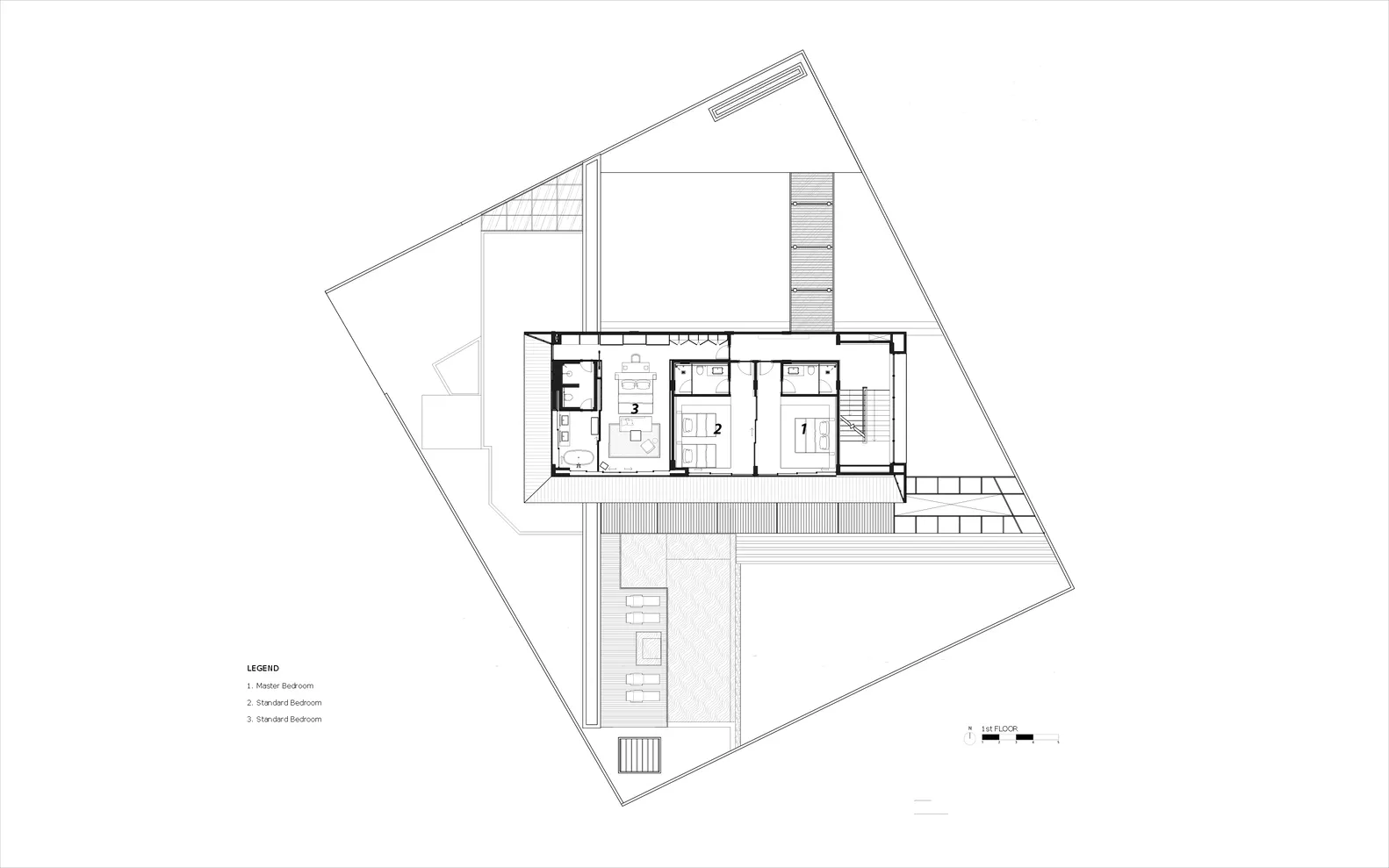 Floor plan of a modern residential building with a central staircase, standard bedrooms, and an open living space.