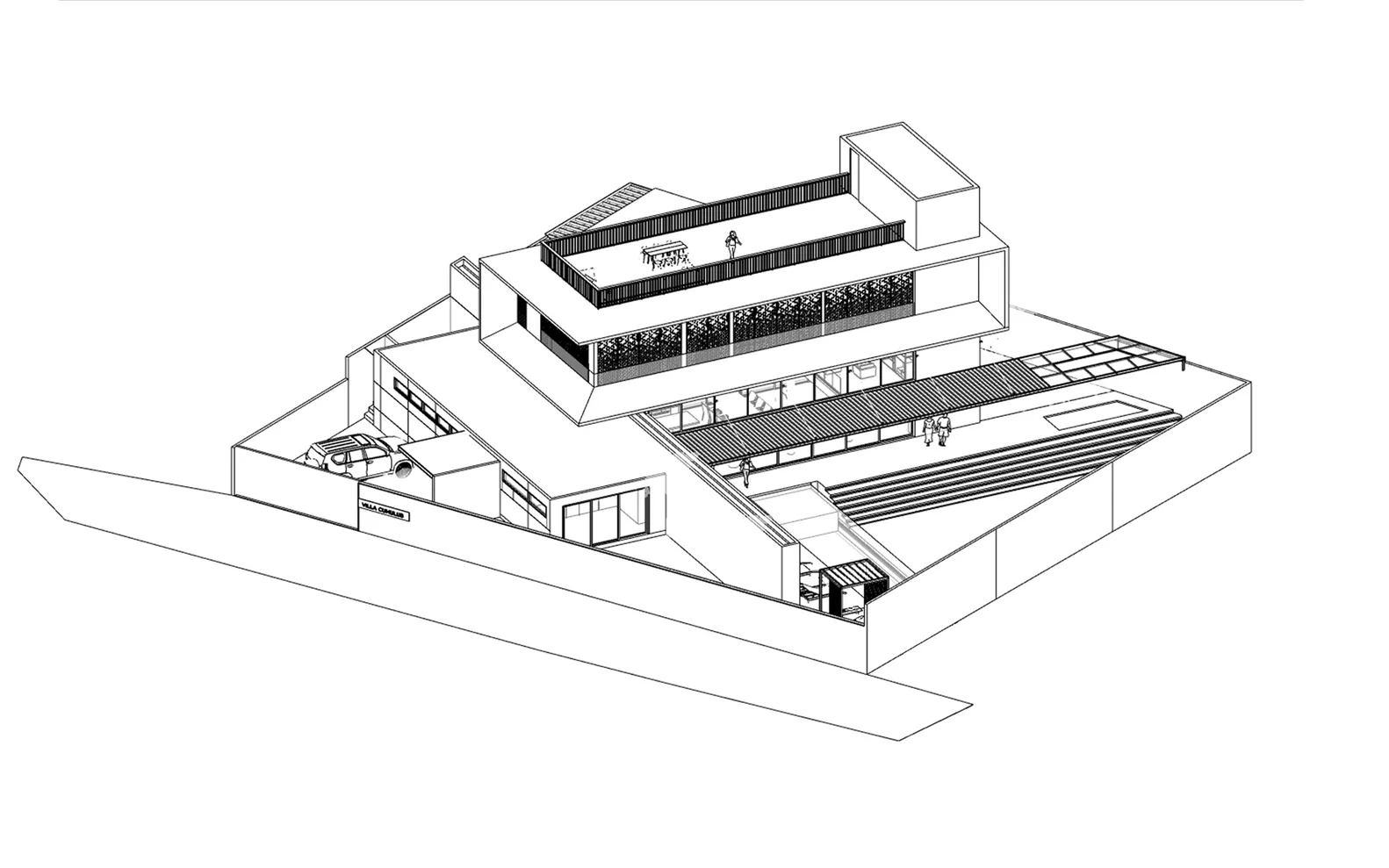 A 2D architectural drawing of a modern villa featuring a cantilevered roof structure with a prominent balcony and glass walls