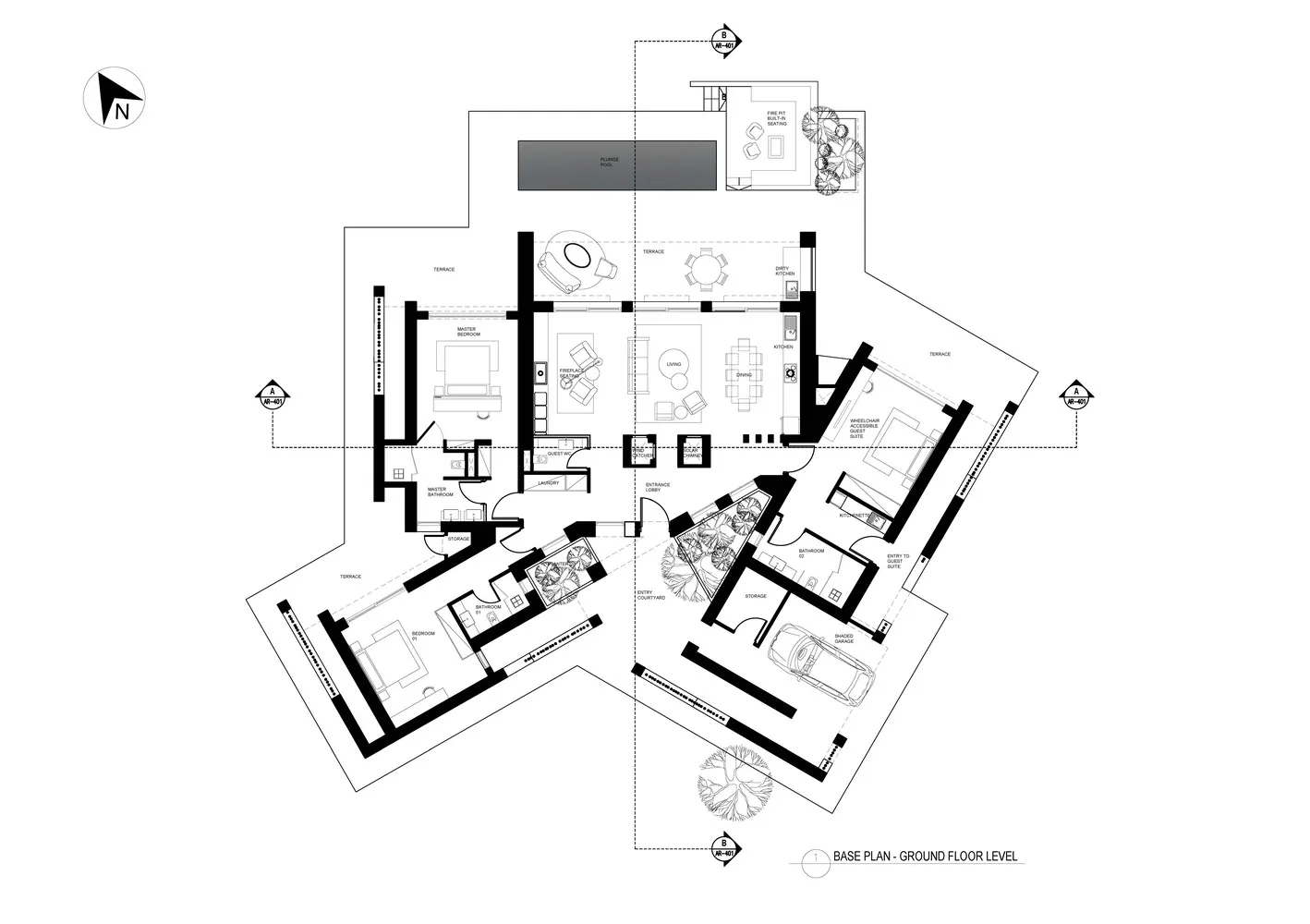 Floor plan of a modern residential layout featuring concrete and glass materials.