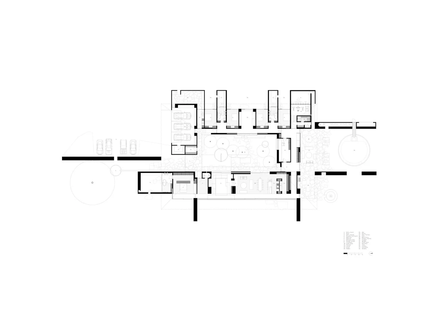 A detailed 2D architectural drawing of a modern residential layout, showcasing minimalist design principles.