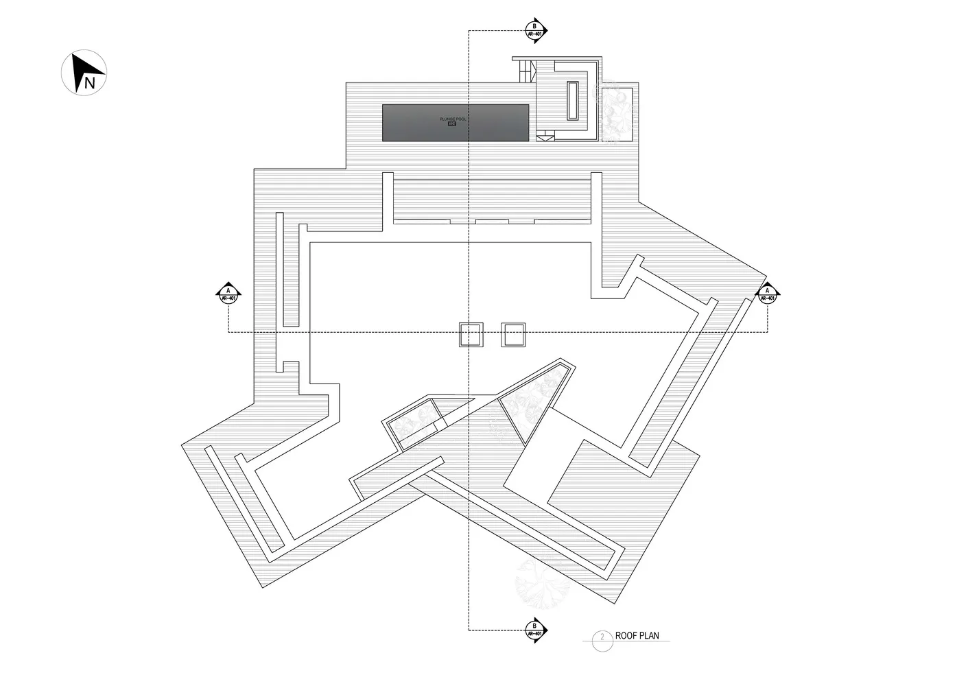 白色背景上的現代建築平面圖，包含跳水池與屋頂露台。